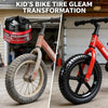A red bicycle tire is shown undergoing a transformation with a black tire polishing paste.
