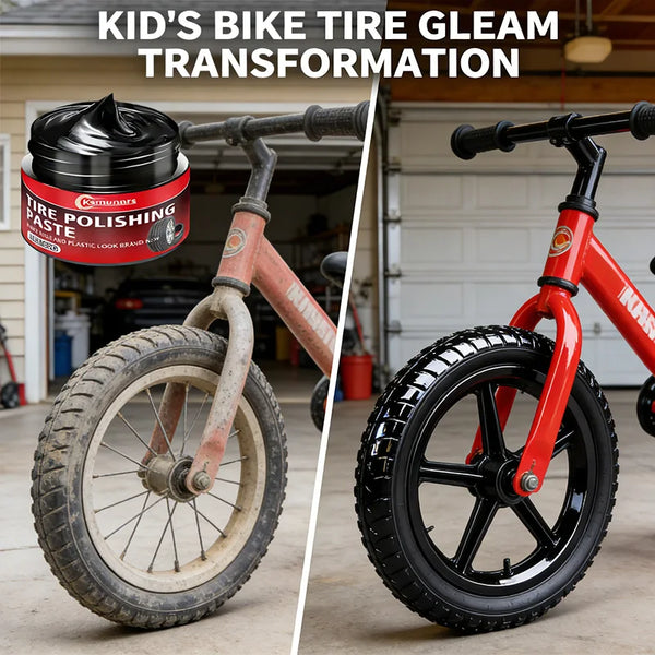 A red bicycle tire is shown undergoing a transformation with a black tire polishing paste.