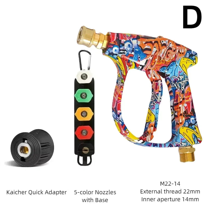 High-pressure washer gun with a foam cannon and five color nozzles attached to a base.