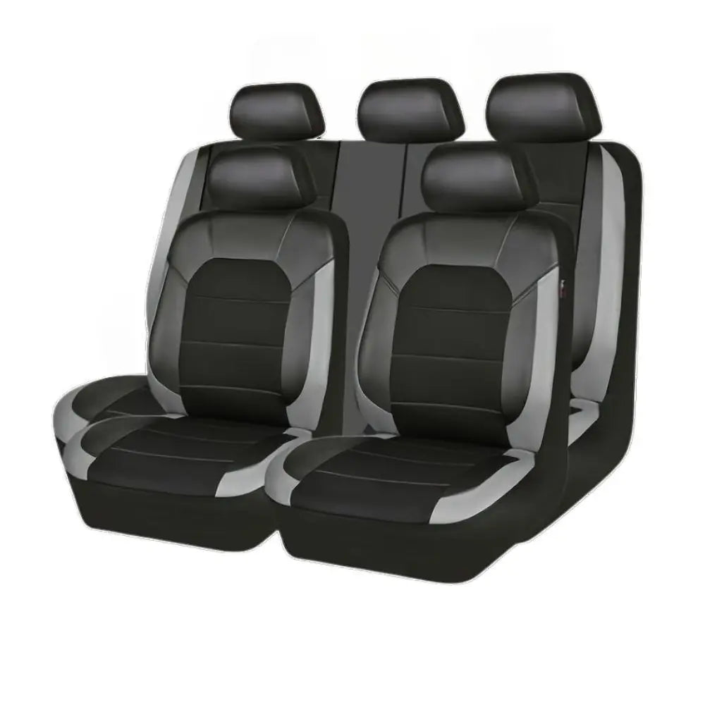 A set of nine black PU leather breathable car seat covers for SUV and sedan.