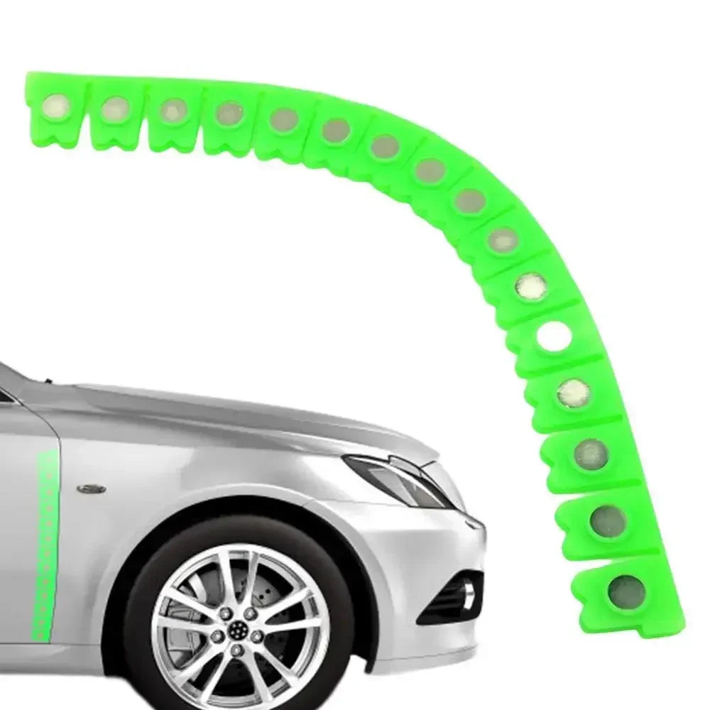 A bright lime green magnetic strip for car sheet metal dry grinding used in automotive repair.