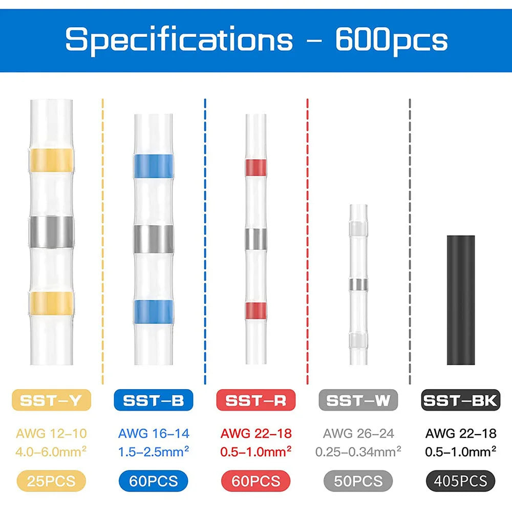 Specifications for a Professional Heat Shrink Wire Terminals and Hot Air Gun Kit showing various sizes and quantities