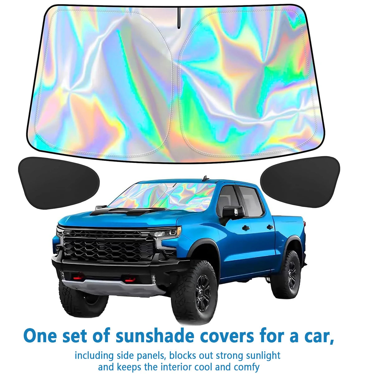 A set of automotive sunshade covers for a truck, including side panels, designed to block sunlight and keep the interior cool