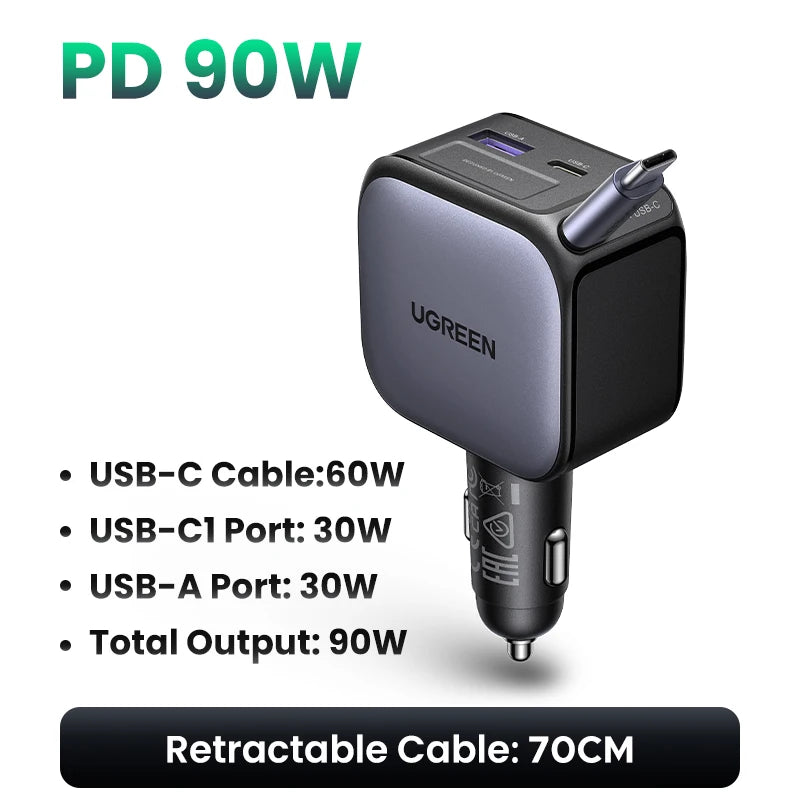 A black UGREEN PD 90W multi-port car charger with USB-C, USB-C1, and USB-A ports and a retractable cable.