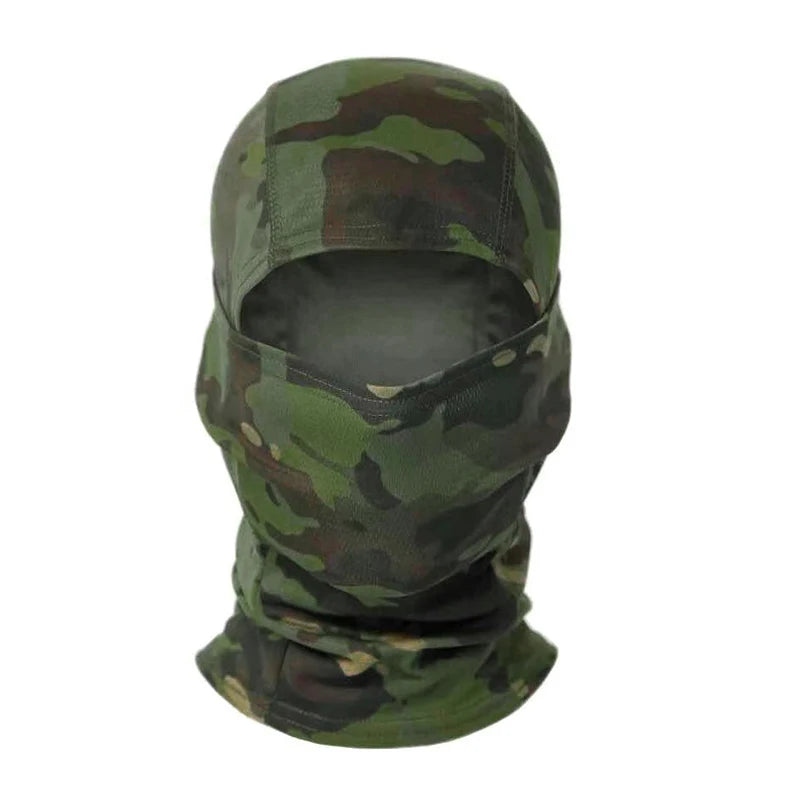 A camouflage green stretchy balaclava cap worn on a head.