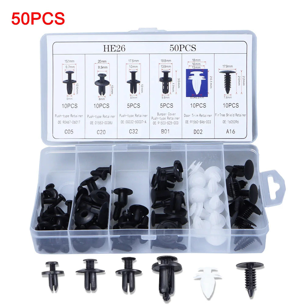 A set of 50 universal auto fastener clips and retainers in various sizes and types for trim and body repair