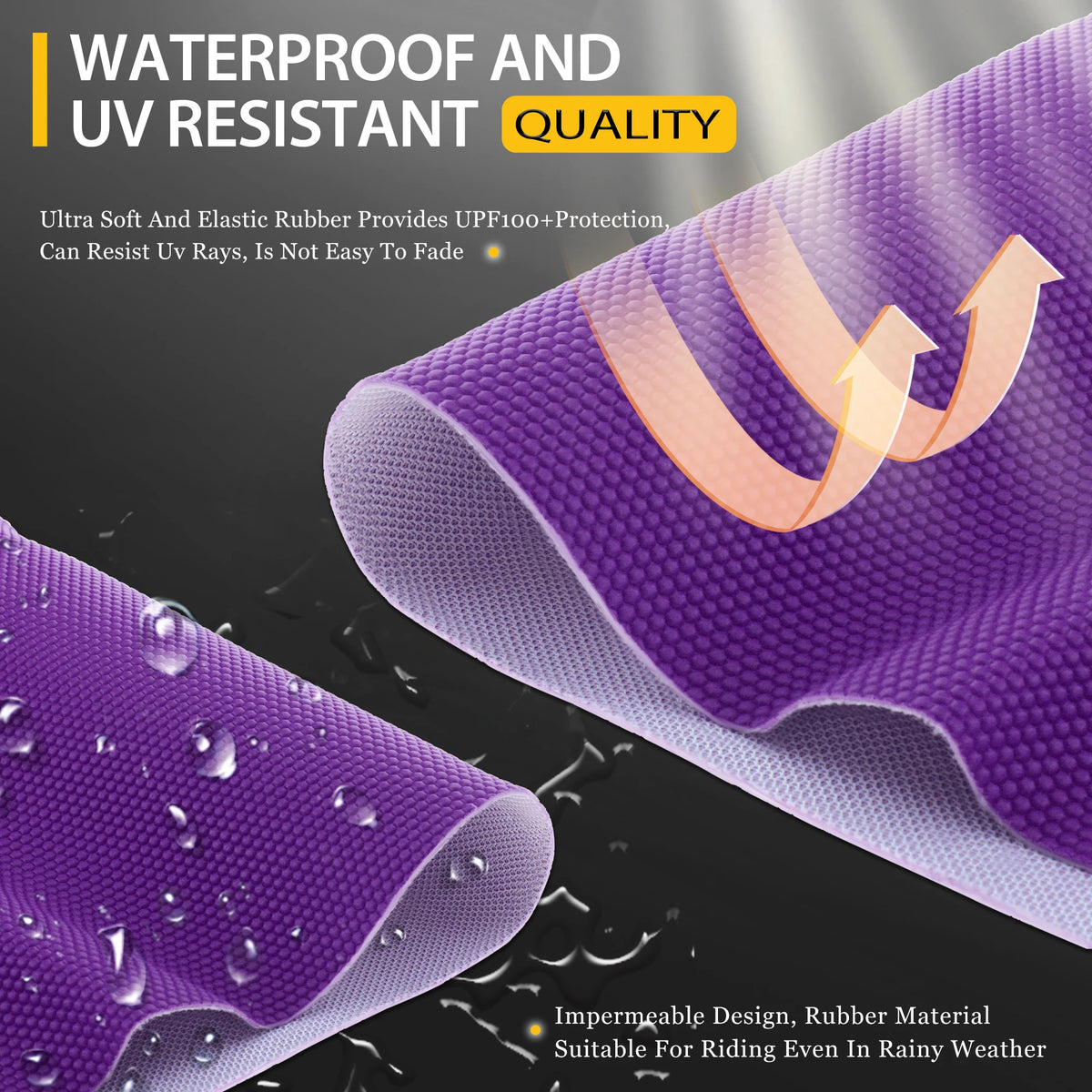 Purple waterproof and UV resistant seat cover material with water droplets visible