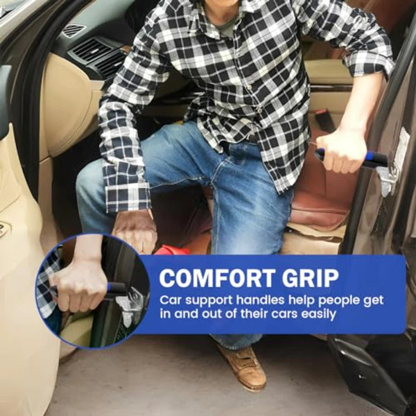 A person is using a comfort grip car door assist handle to open a car door.