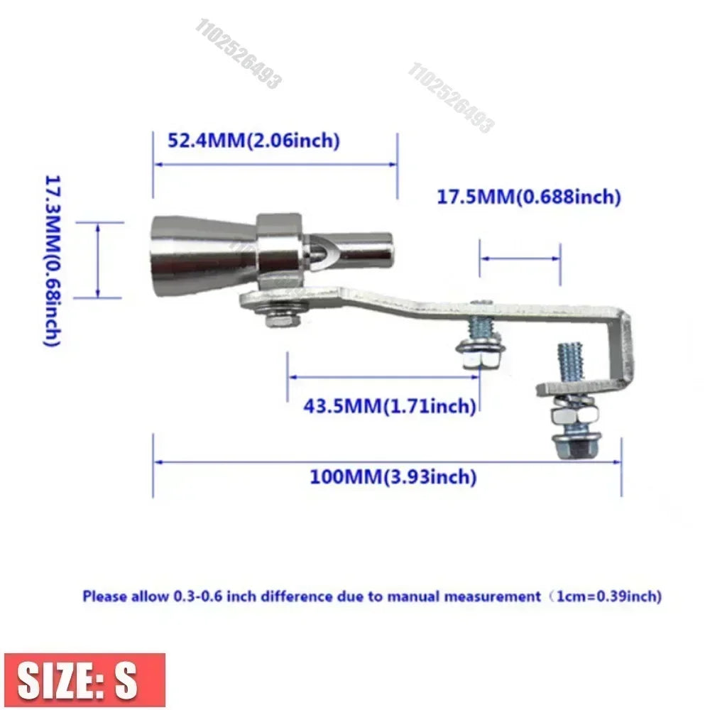 A silver turbo sound whistle clamp with various dimensions shown for reference.