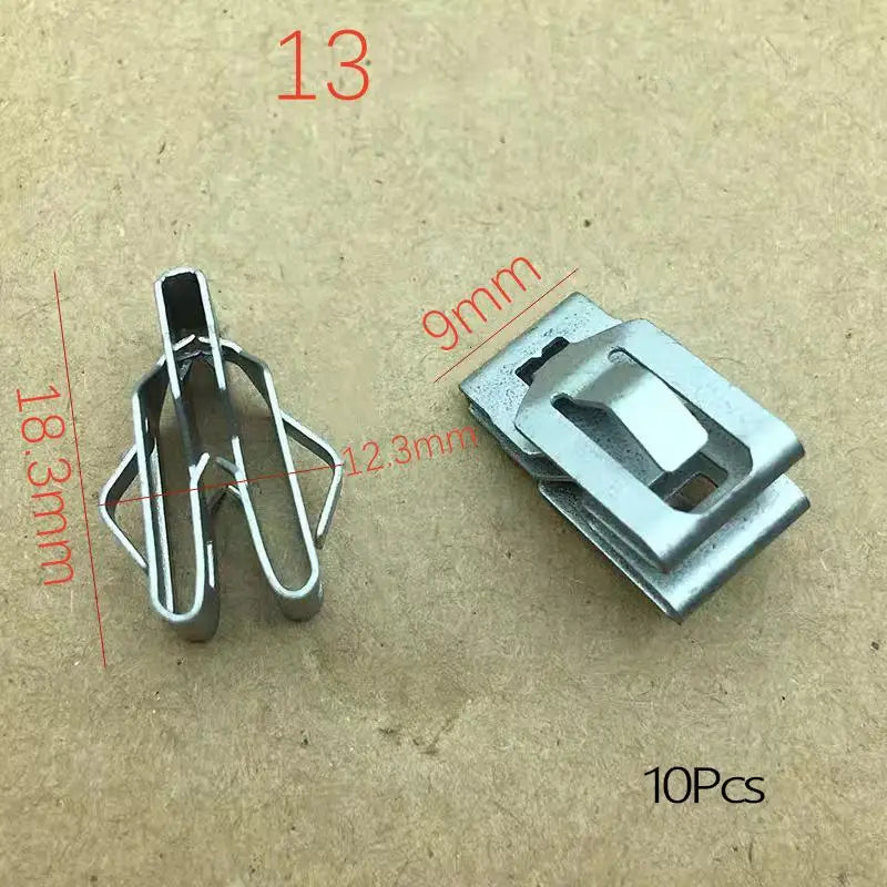 A set of 10 metal dashboard retainer clips, measuring 9mm in length and 18.3mm in height.
