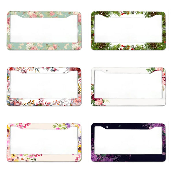 Four designs of aluminum car license plate covers featuring floral and nature patterns.