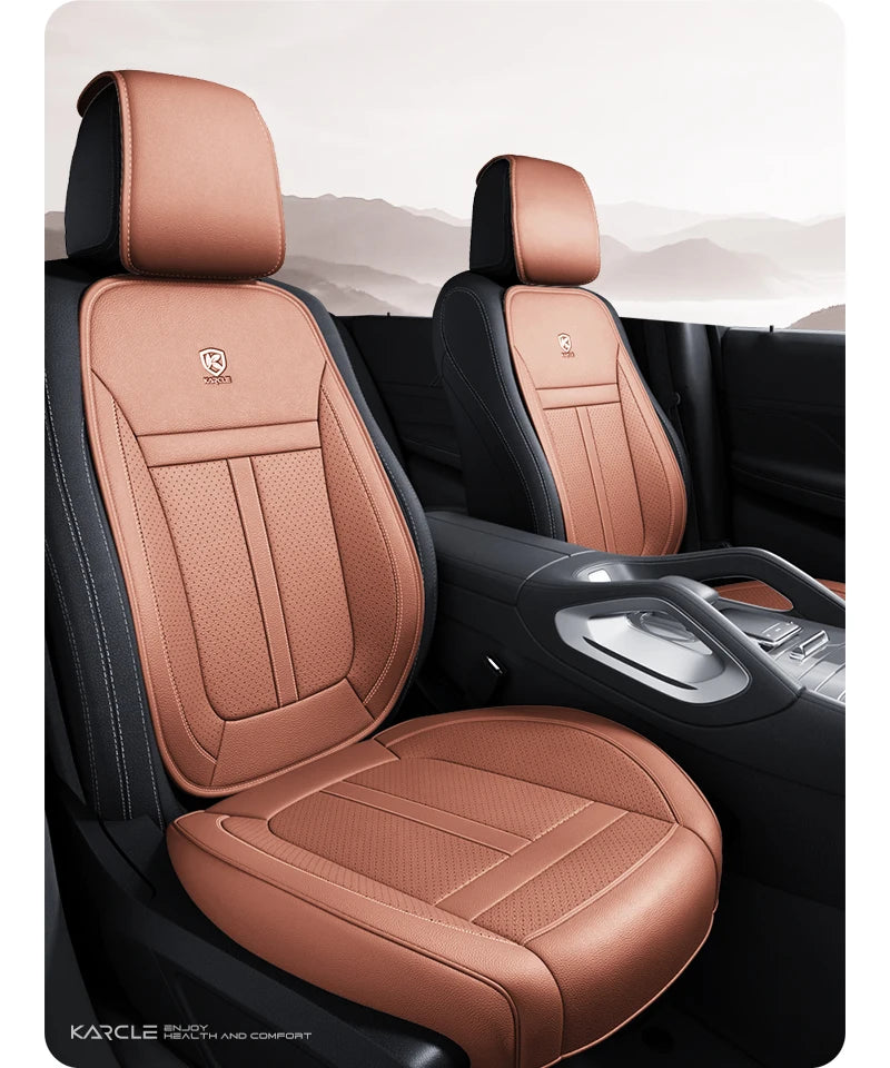 Tan leather car seat covers installed in a vehicle interior, showing the seat and seatback.