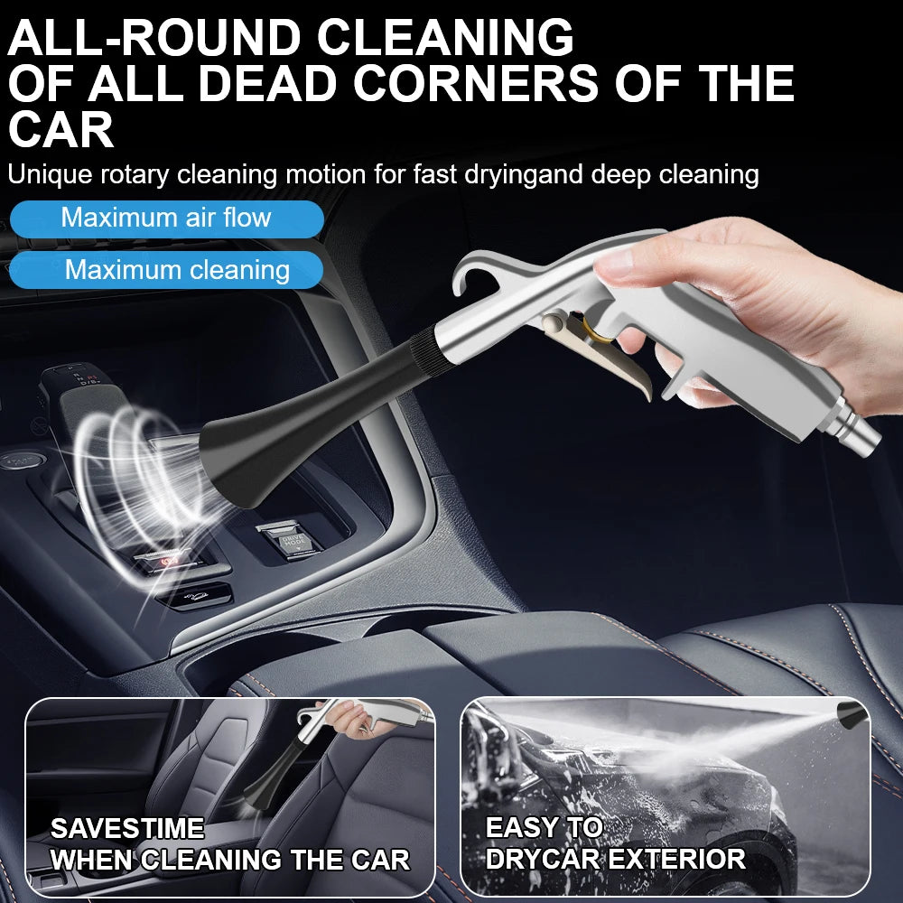 A hand is using a high-pressure air blow car cleaning gun to clean the interior of a car.