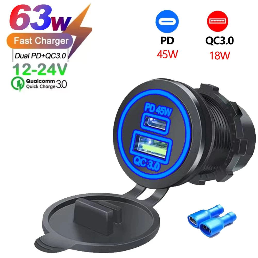 Black multi-port car charger adapter with PD and QC 3.0 ports and a detachable cable.