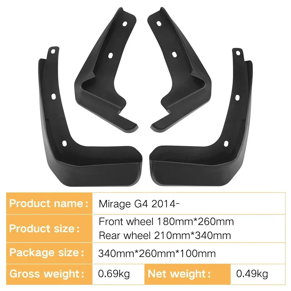 Black front and rear mudflaps for a Mitsubishi Mirage G4 vehicle