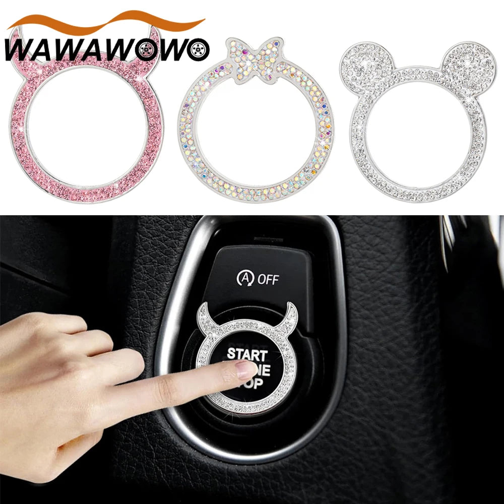 Tapa de perilla de ignición del coche con pedazo de gato y botón de arranque/parada, adornada con cristales de diamantes bril