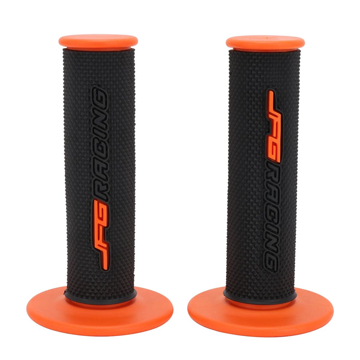 A pair of black and orange motorcycle handlebar grips for dirt bikes.