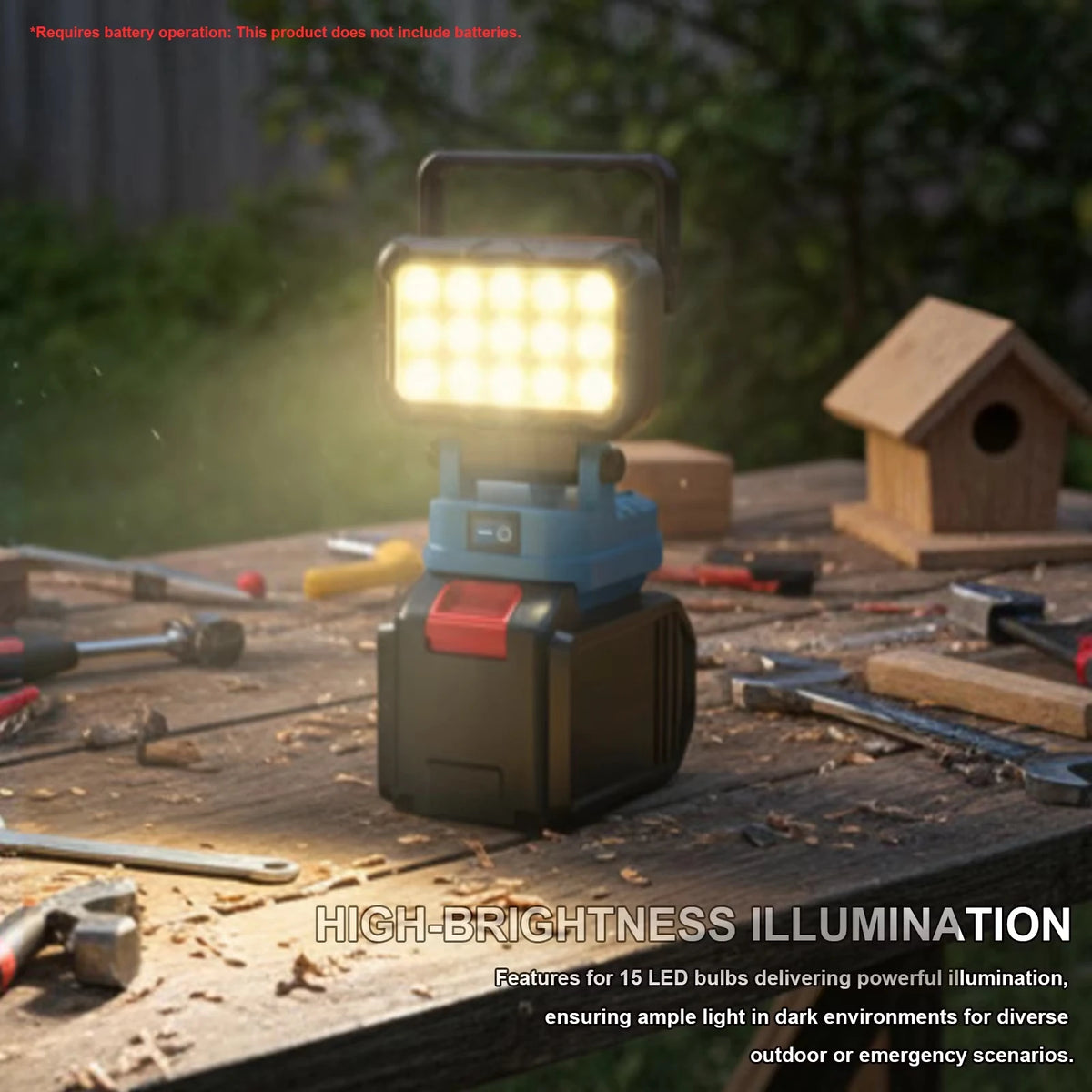 A portable LED work light illuminates a wooden surface with bright light for outdoor or emergency use.