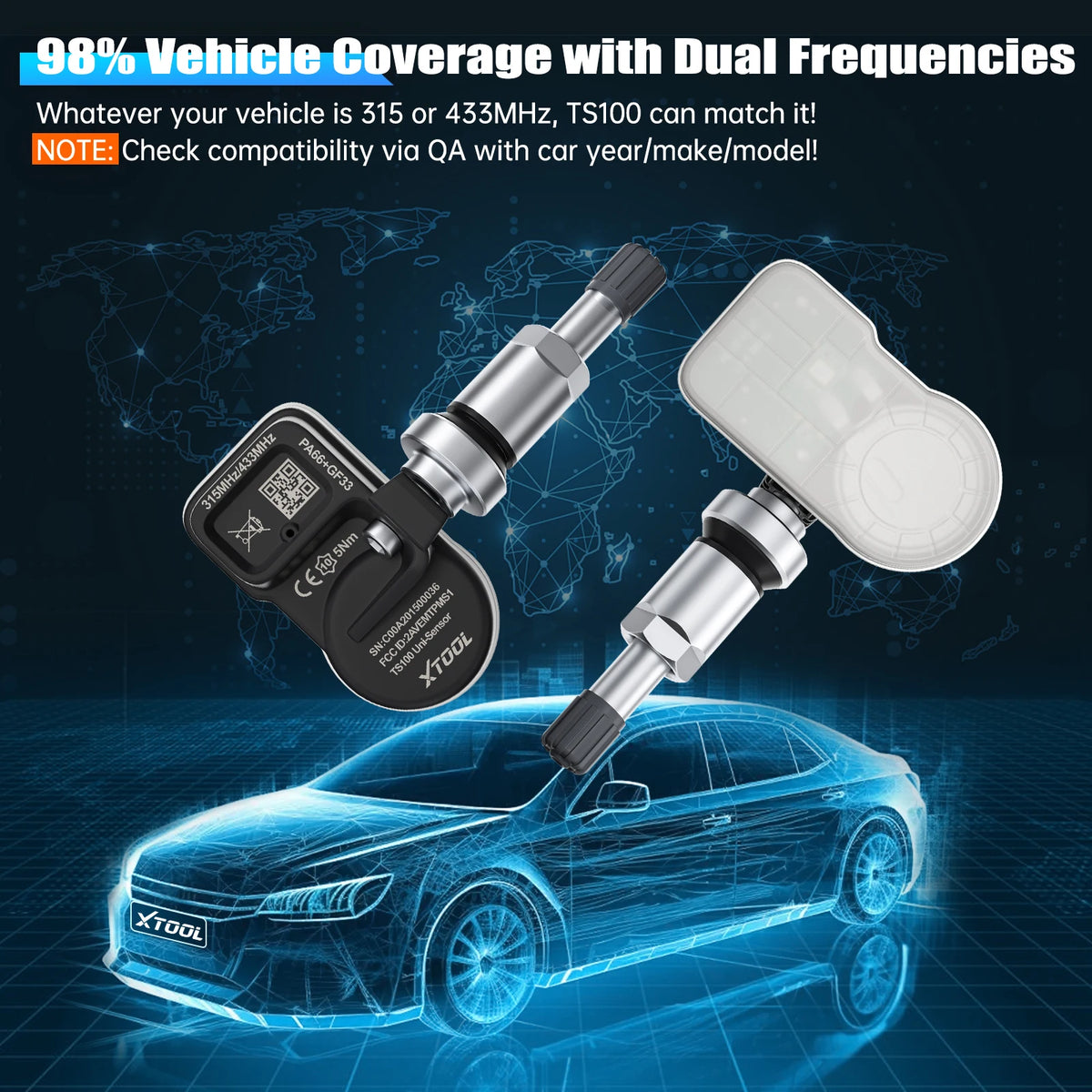 مستشعران مزدوجان للضغط (TPMS) مرئيان فوق سيارة زرقاء، يوضحان تغطية المركبة.