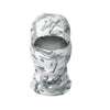 A gray and white camouflage stretchy balaclava cap worn on a head.