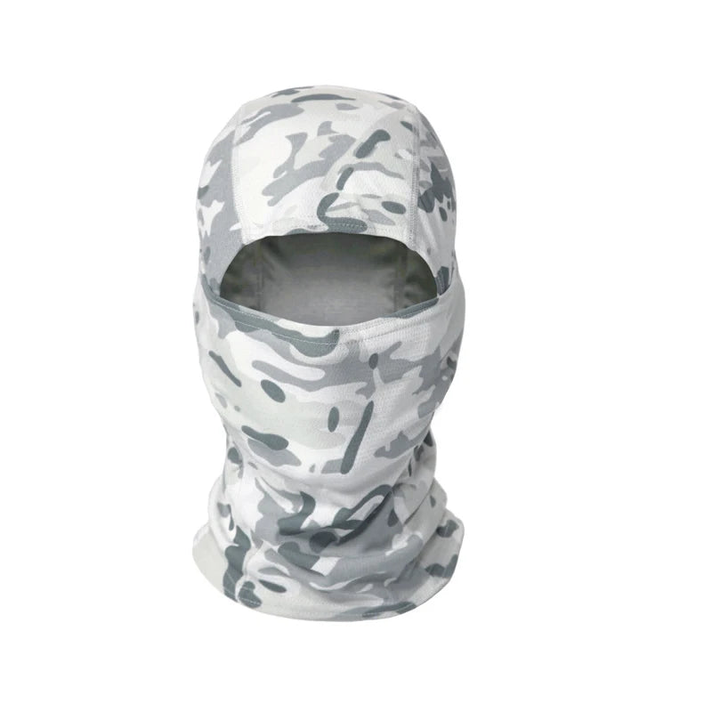 A gray and white camouflage stretchy balaclava cap worn on a head.