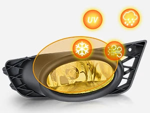 Fog light assembly with an amber lens and UV and snowflake icons, shown in a black housing.