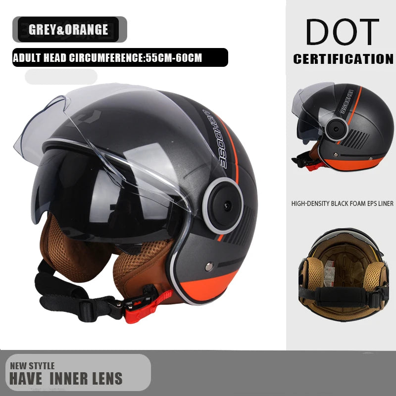 Schwarz-orange DOT-zertierter Offenhelm mit klarem Innenlinsen und gepolstertem Innenfutter.