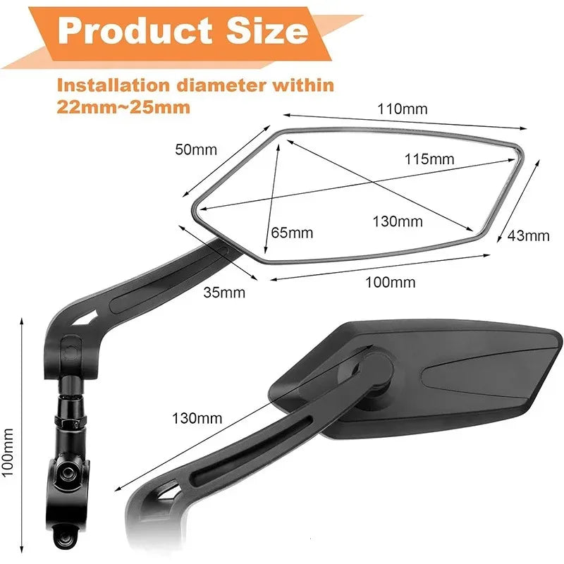 Diagram showing the size and installation diameter of a 360° adjustable motorcycle rearview mirror.