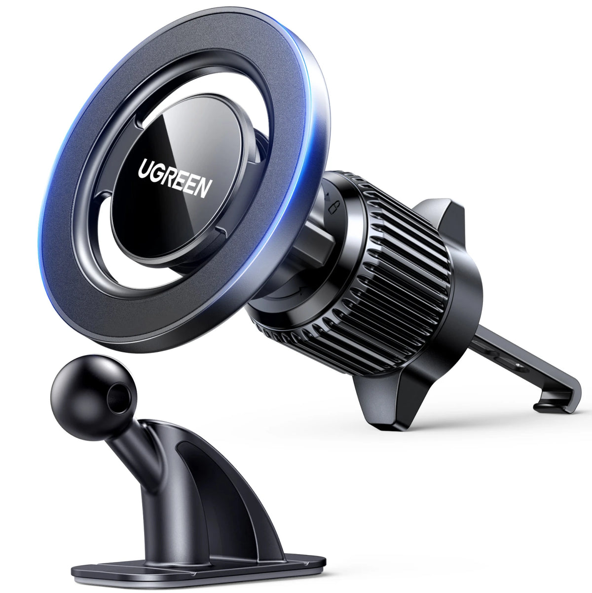A black magnetic car phone holder with a blue light ring and a mounting base.