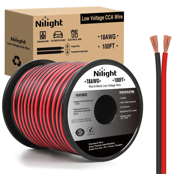 Un carrete de cable CCA de 18AWG rojo y negro de bajo voltaje se muestra junto a su caja de embalaje.