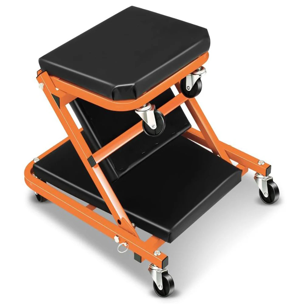 An orange 2-in-1 foldable garage creeper seat with black padded steps and wheels.