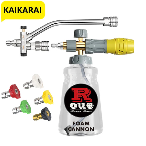 A silver and yellow dual-outlet pressure washer foam cannon adapter with quick connect fittings.