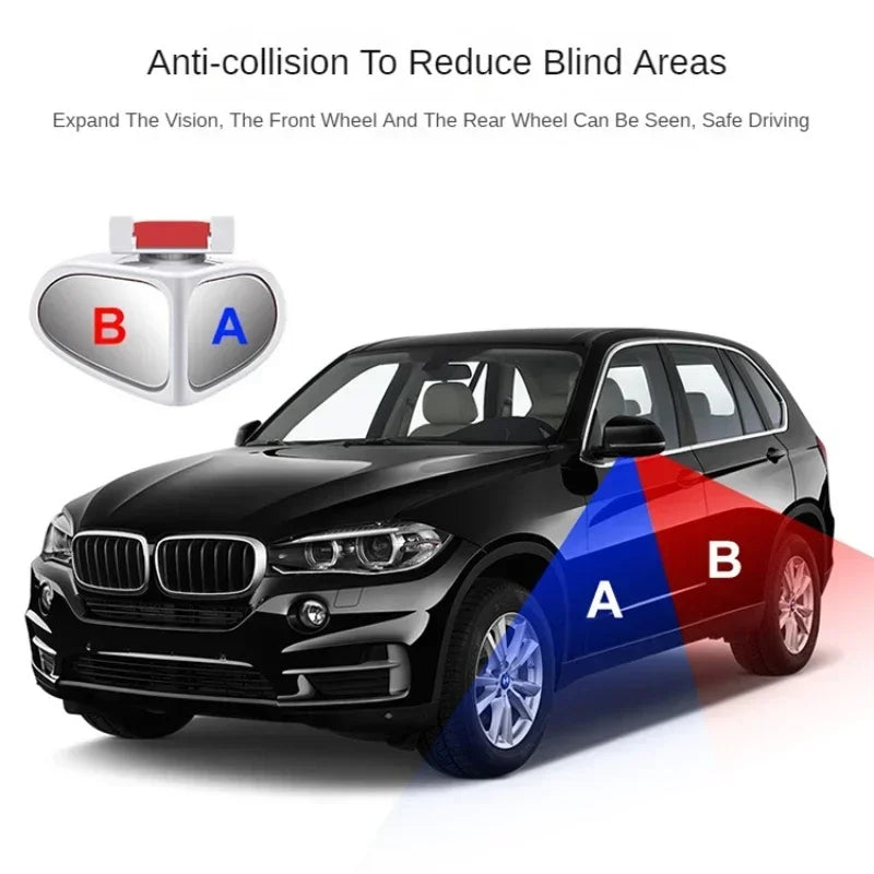 A black BMW car with a red and blue light projection demonstrating the function of an anti-collision blind spot mirror.