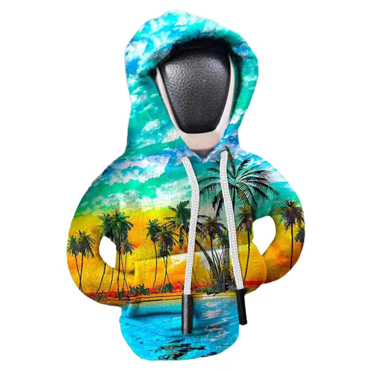 A turquoise and yellow knitted gear shift cover featuring a tropical sunset and palm trees.
