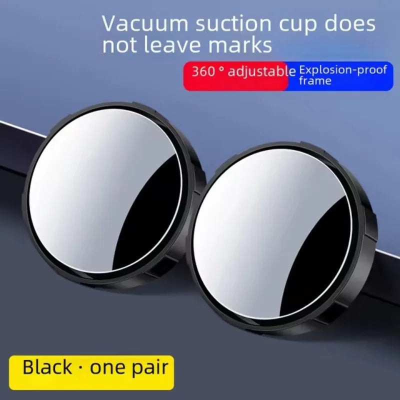 A pair of black 360° adjustable explosion-proof suction cup mirrors for car blind spots.