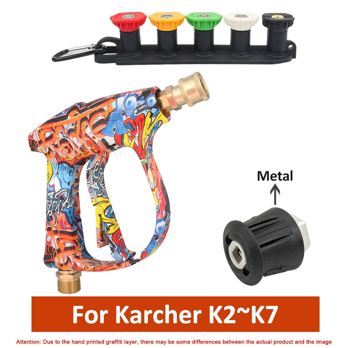 A high-pressure water gun with a hand-painted design and a set of colored nozzles for cleaning and detail work.
