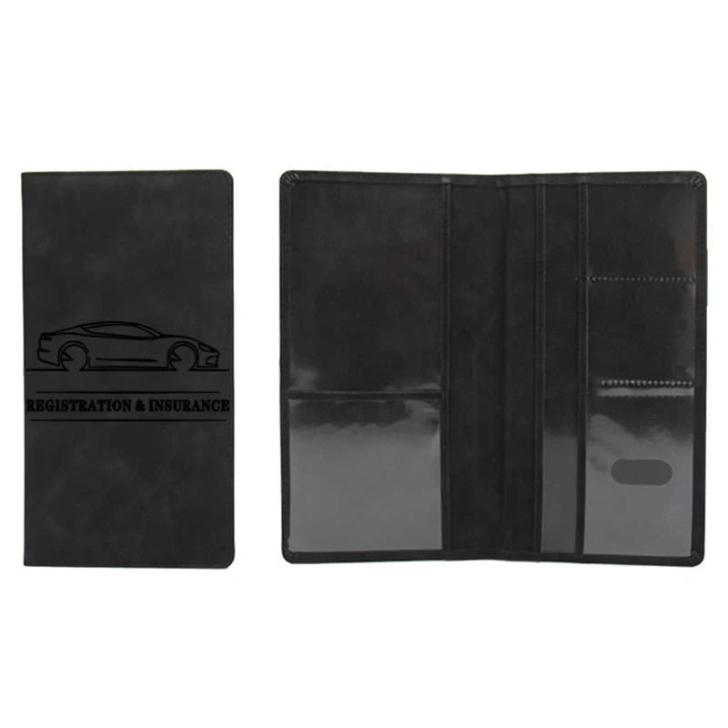 Black premium leather document and ID holder with a car silhouette embossed on the cover