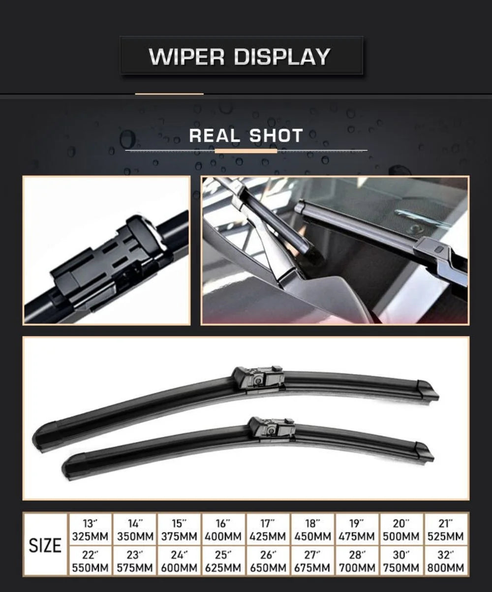 A collection of various sized wiper blades for a car, shown in different angles and sizes.