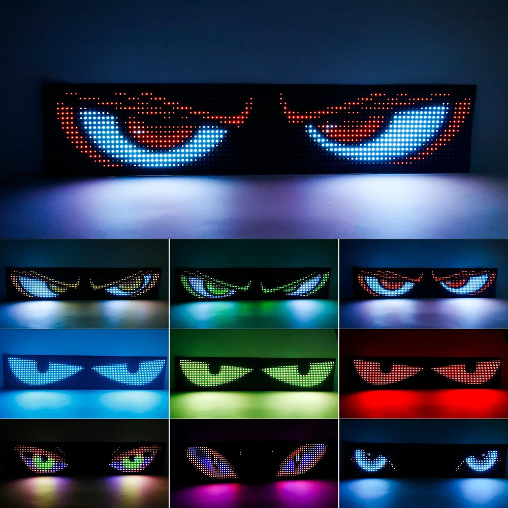 A grid of various glowing LED pixel panel lights showing different eye designs and colors.
