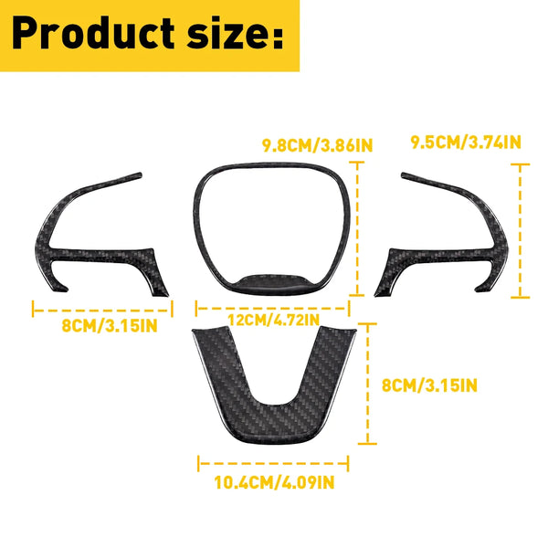 Various sizes of black steering wheel trim covers shown with corresponding measurements in centimeters and inches.