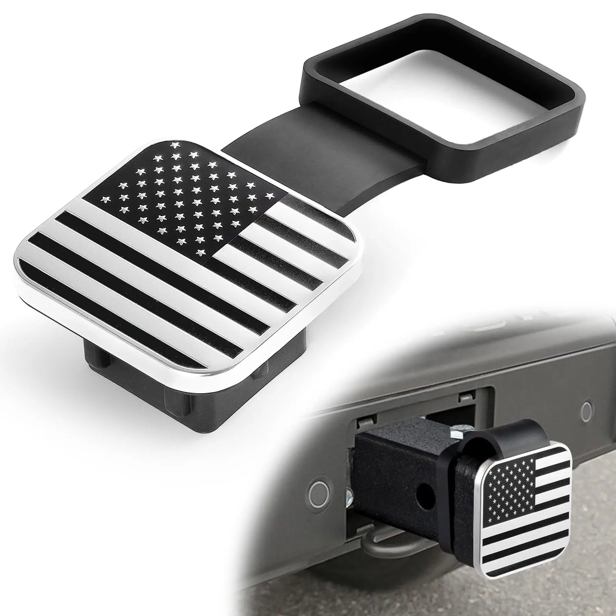 A black universal trailer hitch receiver cover with a silver and black American flag design, shown attached to a vehicle.