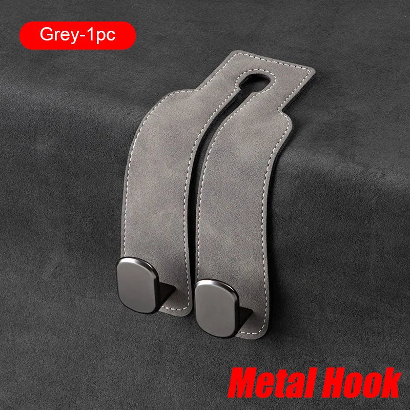 Grey suede car seat back storage hook with metal hook