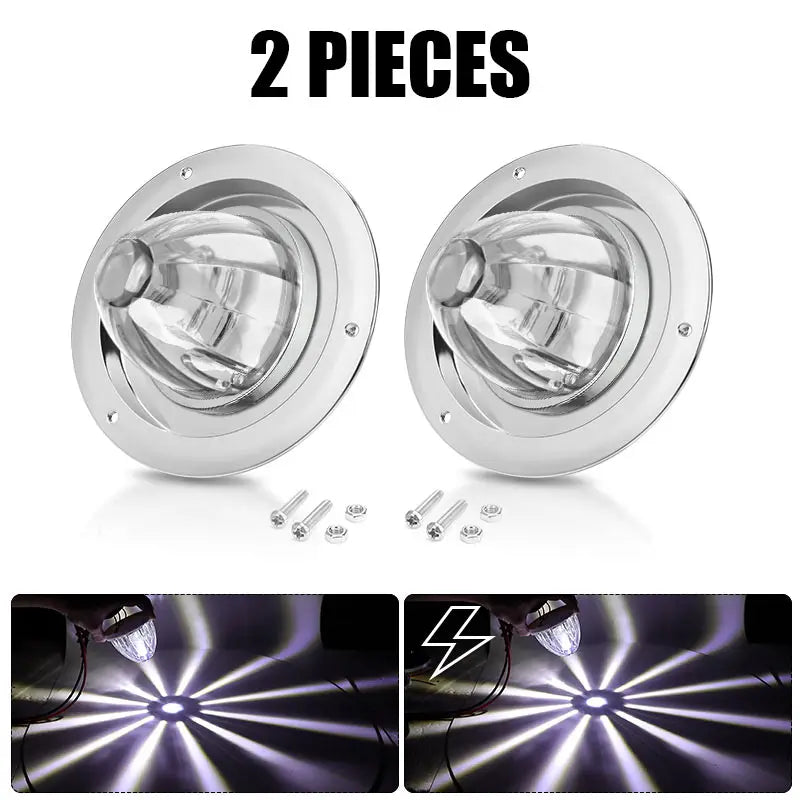 Two pieces of heavy duty LED marker strobe lights for vehicles shown with close-up illumination examples.