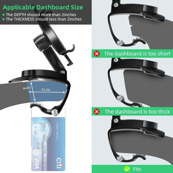 Diagram showing depth and thickness requirements for a dashboard mount, with an example of a car phone mount.