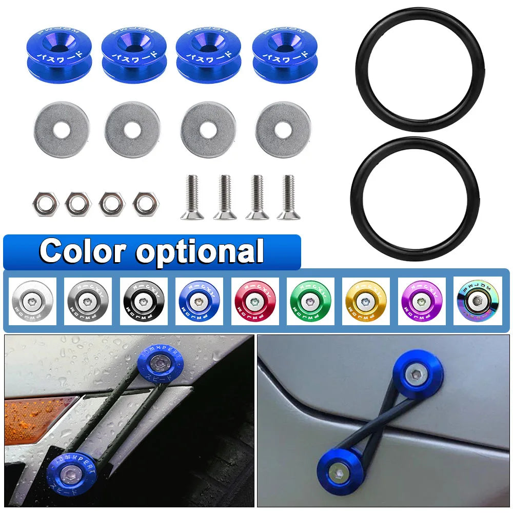 Set of aluminum bumper fixation clips and rings in various sizes and colors for auto repair