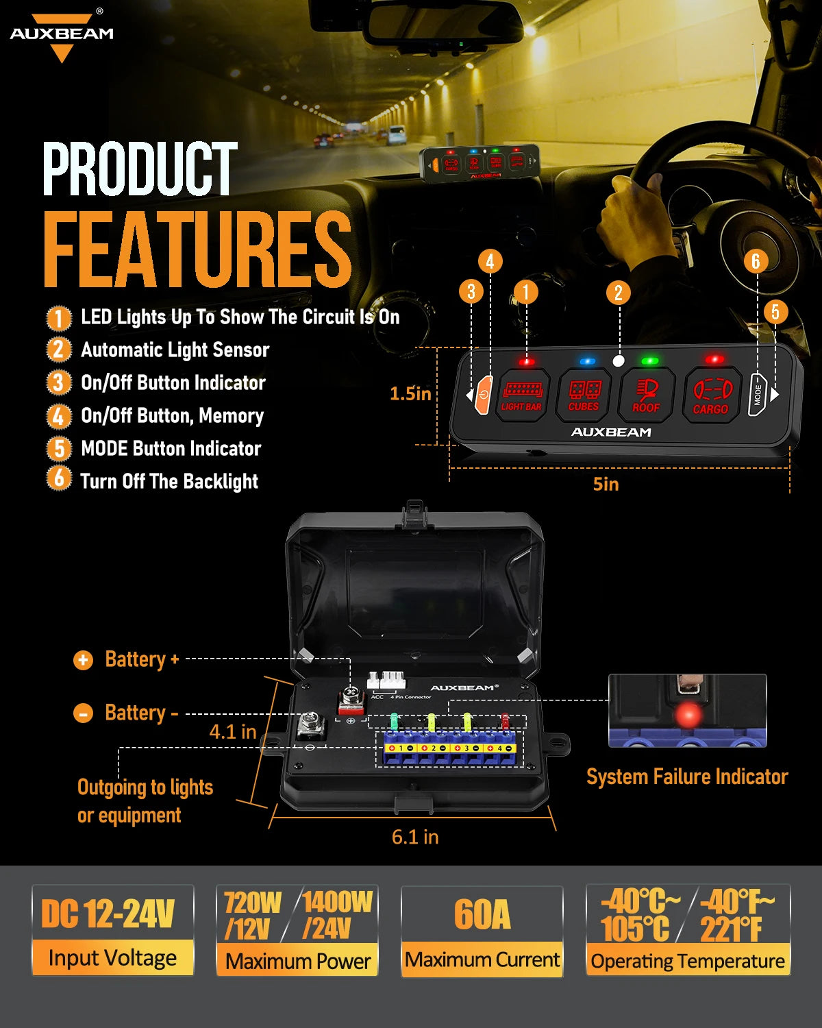 An AUXBEAM product features list showing LED lights, buttons, and battery specifications for a slim switch panel.