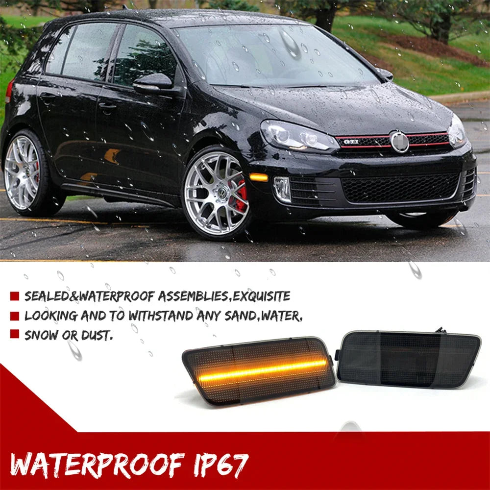 LED side marker turn signals for a VW MK6 GTI showing waterproof IP67 protection.