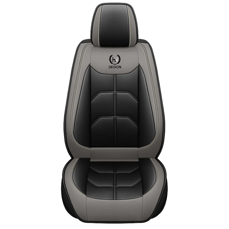 A black universal PU leather car seat cover with light gray stitching and a design logo.