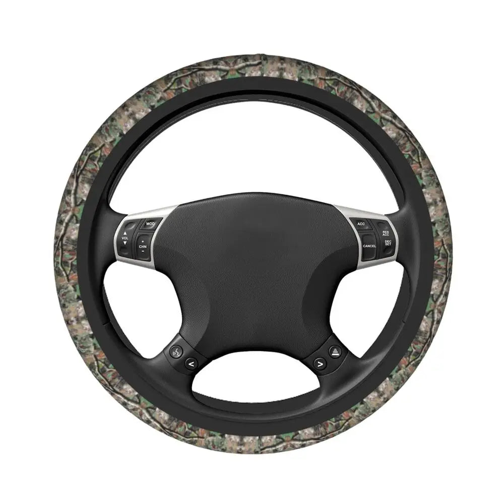 Steering wheel covered in camouflage patterned material