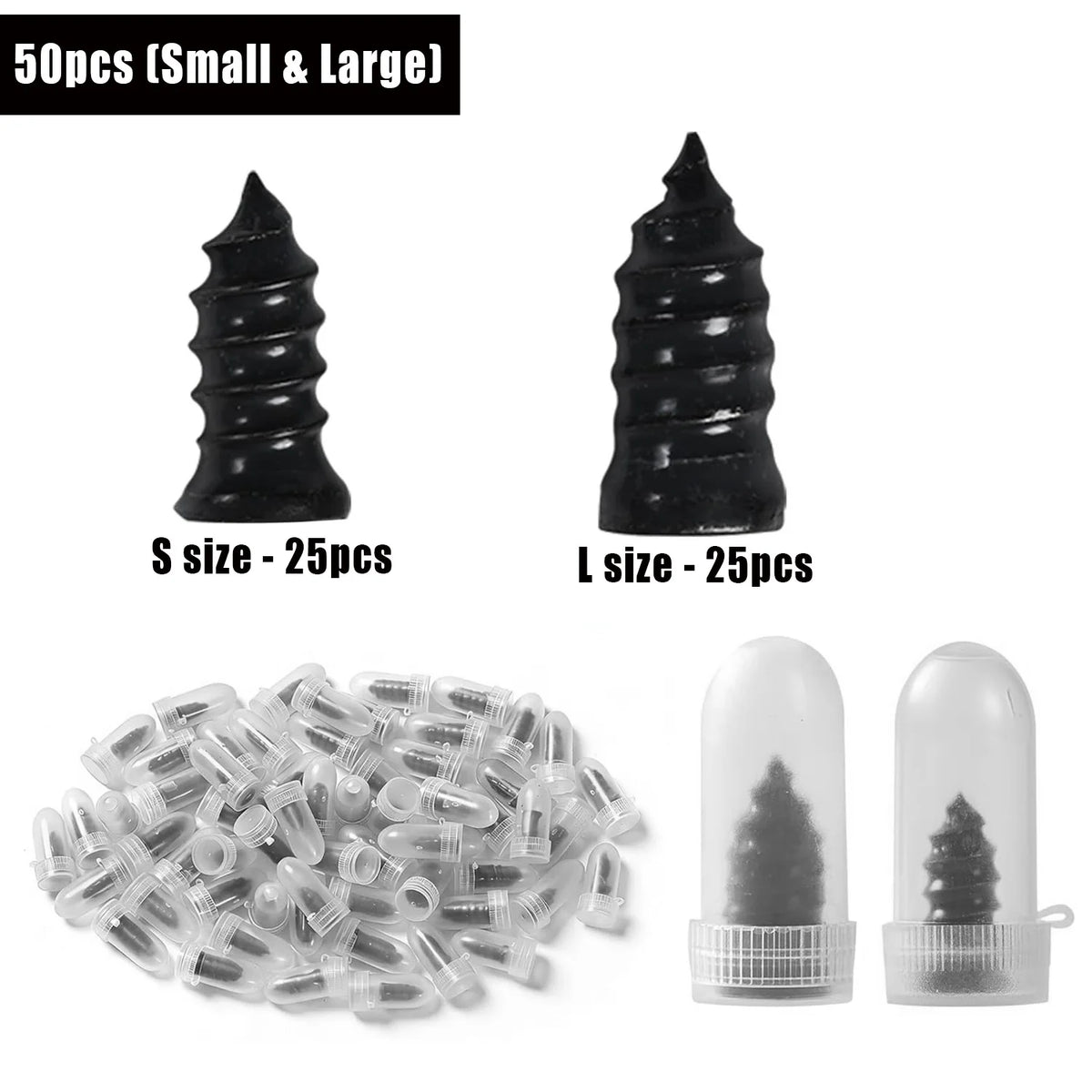 A set of 50 tire repair needles, including small and large sizes, packaged for automotive use.